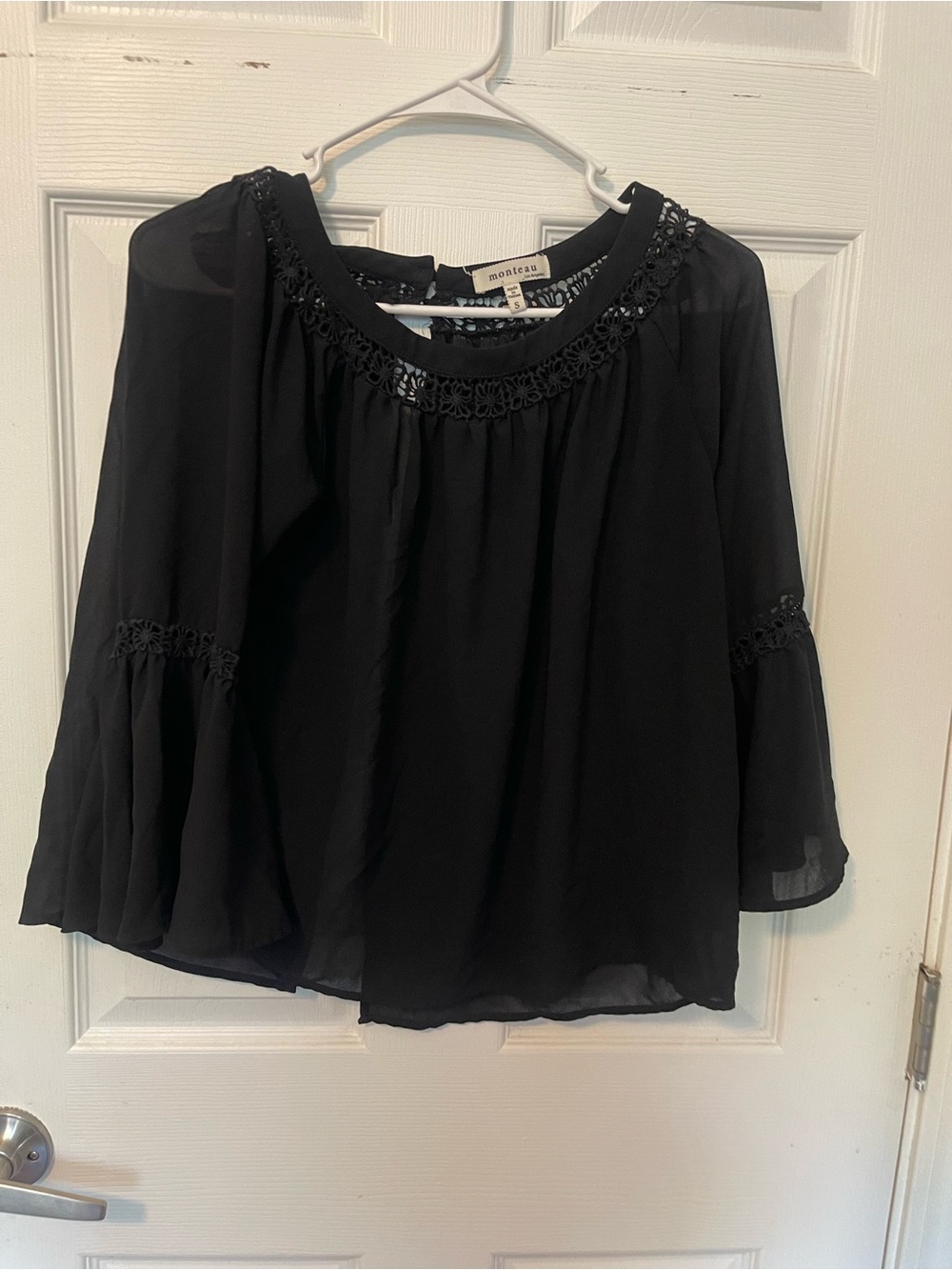 Monteau Black Crochet-Trim Peasant Top